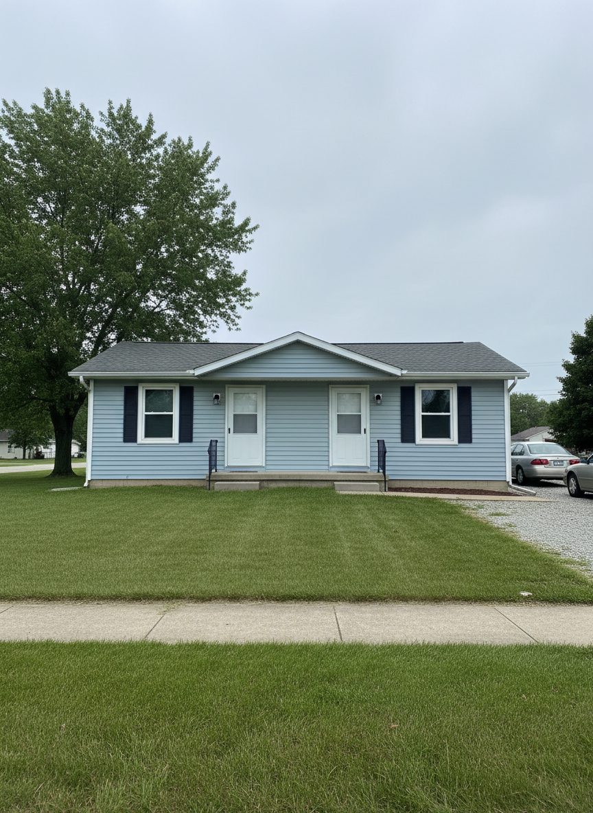 The exterior of a small, well-kept Greenfield, Iowa rental duplex, photographed in clear, realistic detail. The single-story building features pale blue siding with white trim, two separate front doors, and small concrete stoops with metal railings. A shared, neatly trimmed lawn stretches to the sidewalk, with a gravel parking area visible to one side. Overcast daylight creates soft, even lighting with minimal harsh shadows, emphasizing the honest, straightforward character of the property. Captured at eye level with a slightly wide angle, the full structure fits cleanly in the frame, centered yet leaving breathing room around the edges. The atmosphere is practical, approachable, and clearly focused on local rental housing options.