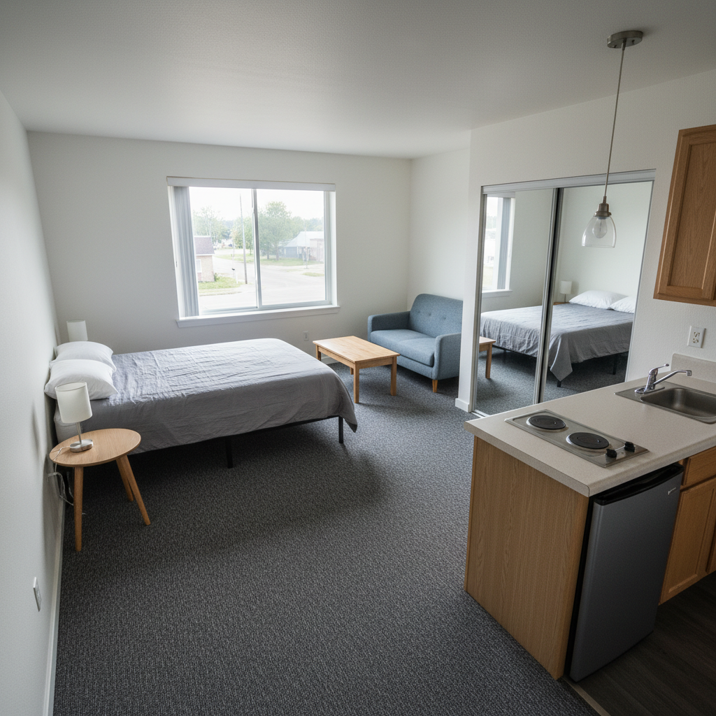 An interior view of a compact yet efficient Greenfield, Iowa studio rental, rendered in photographic realism. A combined living and sleeping area features clean white walls, durable dark gray carpet with a tight, low pile, and a large sliding window that brings in gentle morning light. A simple built-in closet with mirrored sliding doors reflects the space, making it appear larger. In the corner, a small open kitchenette with light wood cabinets and a neutral countertop is partially visible. Shot from a high corner perspective with a wide lens, the composition showcases the full layout and functional design. The mood is tidy, practical, and move-in ready, ideal for highlighting affordable local housing resources.