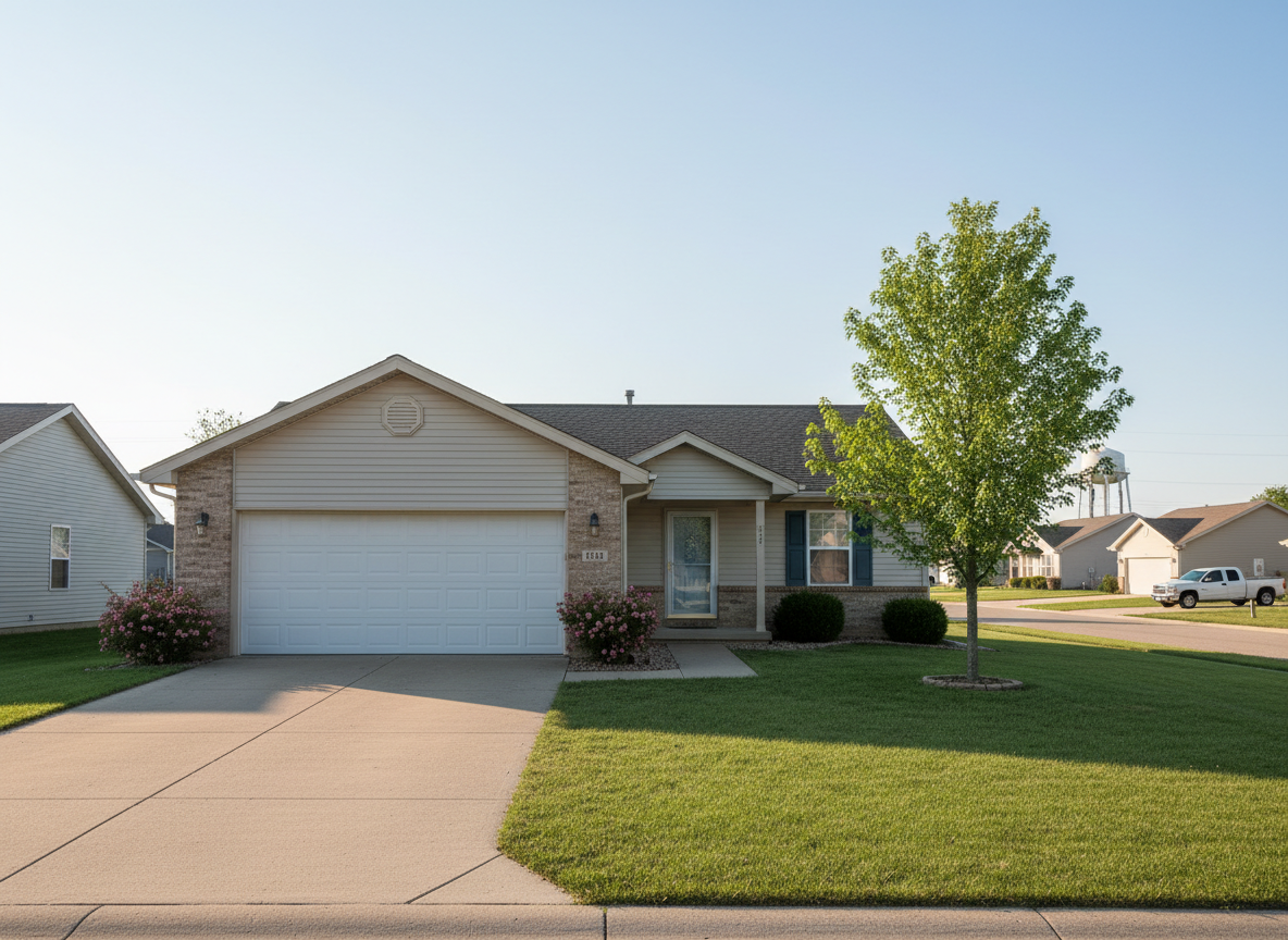 Exterior view of a rental home with a one-car garage in Greenfield, Iowa