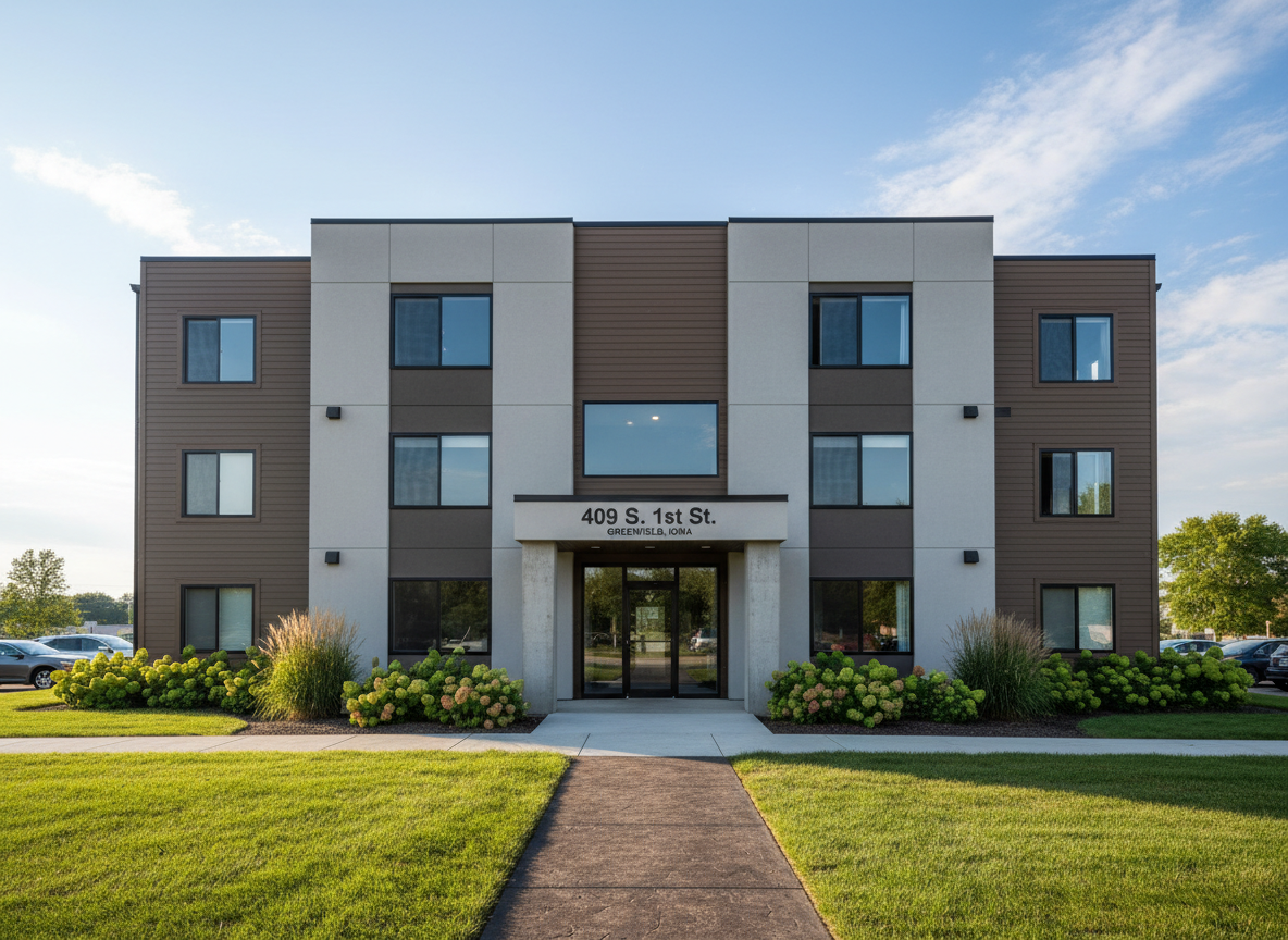 Exterior view of a modern apartment building at 409 S. 1st St. in Greenfield, Iowa